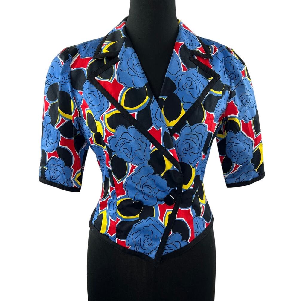 VINTAGE Guy Laroche Blue Jacket Cotton Floral Printed Notch Lapel 3/4 Sleeve 38